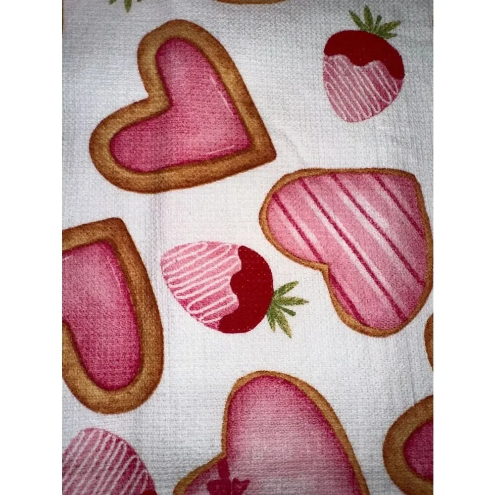 Valentine’s Day White Red Pink Tan Cookies Hearts Berries Cotton Tea Towels